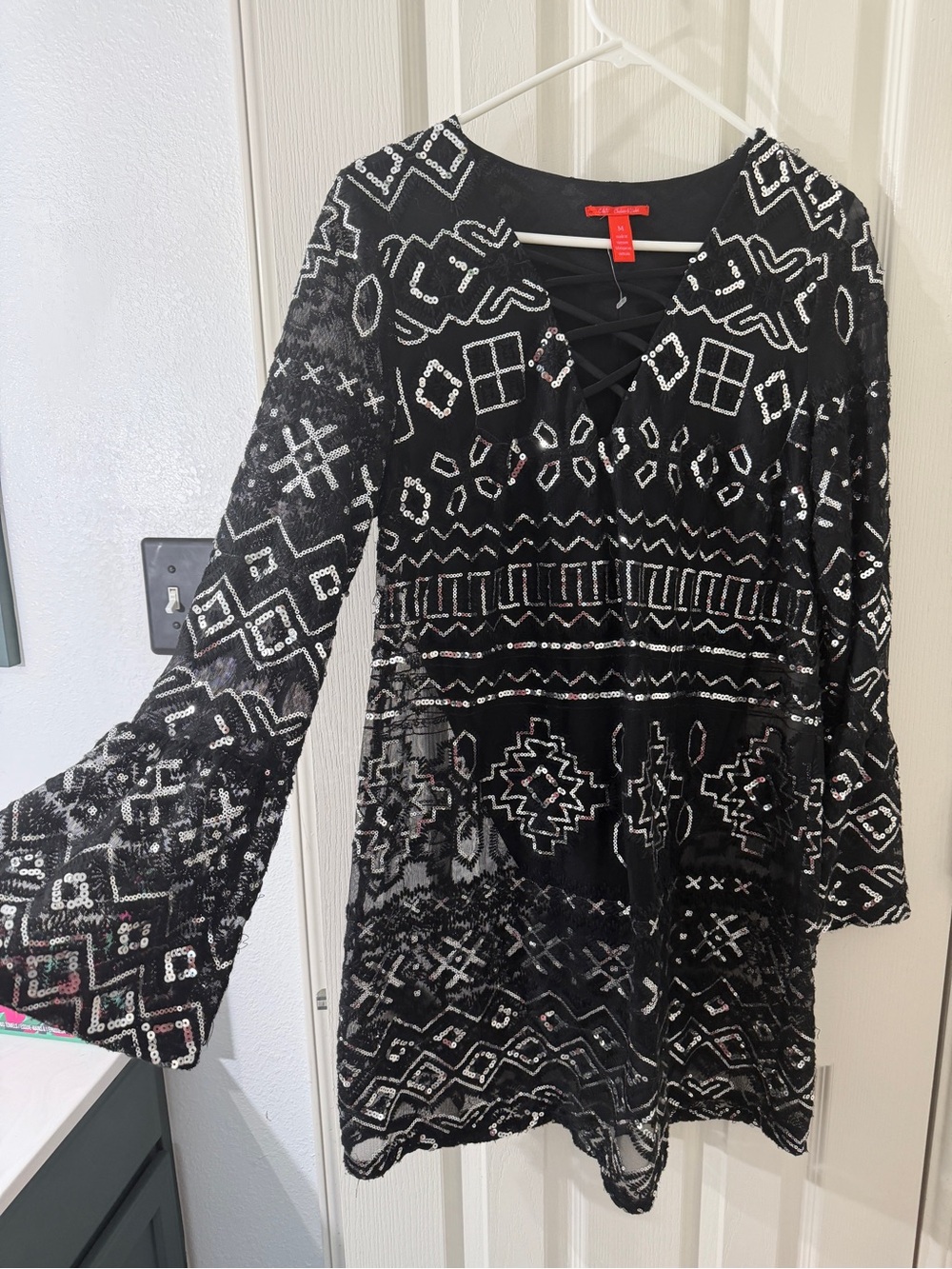 Chelsea & Violet Black Embroidered Lace-Up Bell-Sleeve Dress